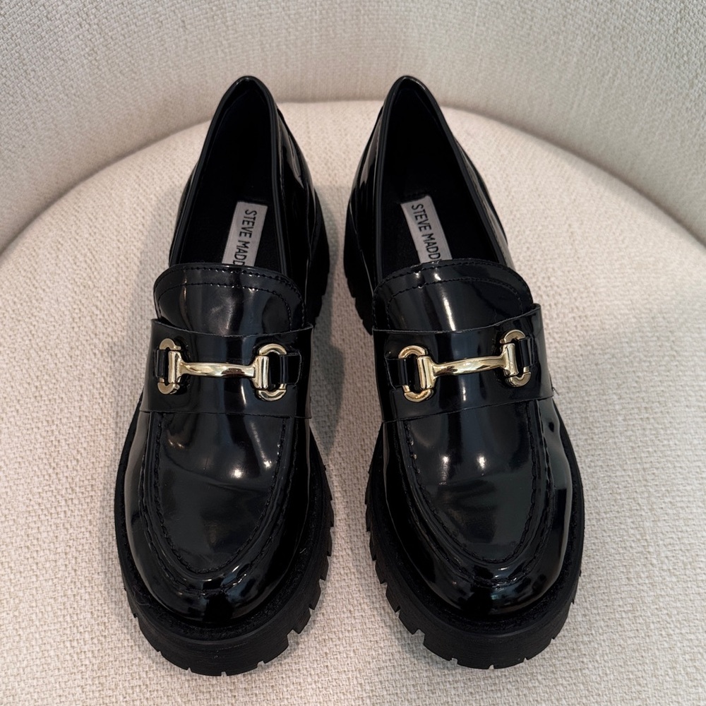 Steve Madden Glossy Black Loafers with Gold Detail